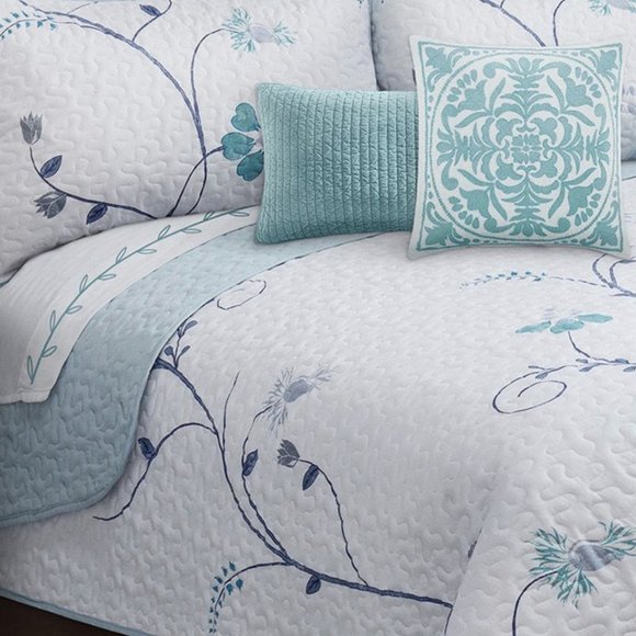 New Blue & Teal Floral 3-Piece 100% Polyester Quilt Set • Reversible • DQ - Picture 2 of 5